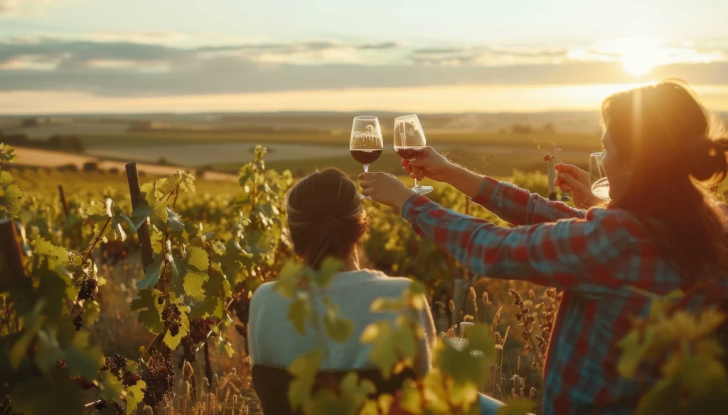 Two women toasting wine at sunset in a vineyard near Altea – part of a guided wine tasting tour from Alicante