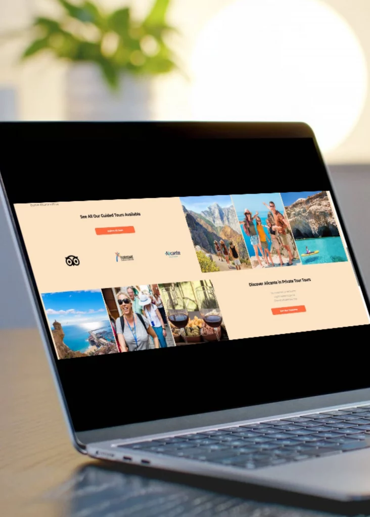 ToroTours website showing featured day trips from Alicante on a laptop screen