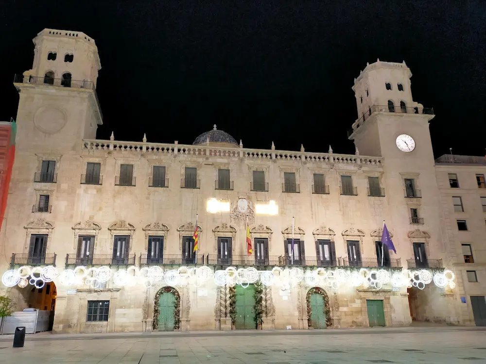 "Baroque façade of Alicante Town Hall (Ayuntamiento) with twin towers in the historic center
