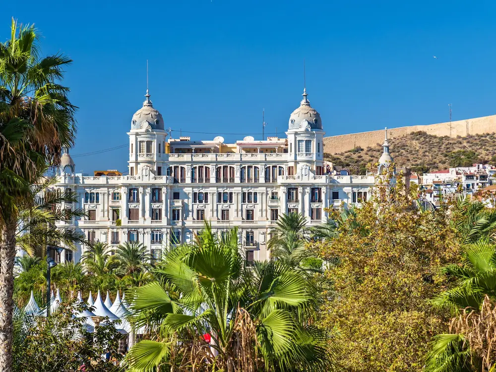 Casa Carbonell in Alicante, elegant 1920s building with domes and balconies at the end of Explanada de España