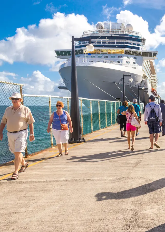 Cruise passengers walking at Alicante port after disembarking their ship for a shore excursion