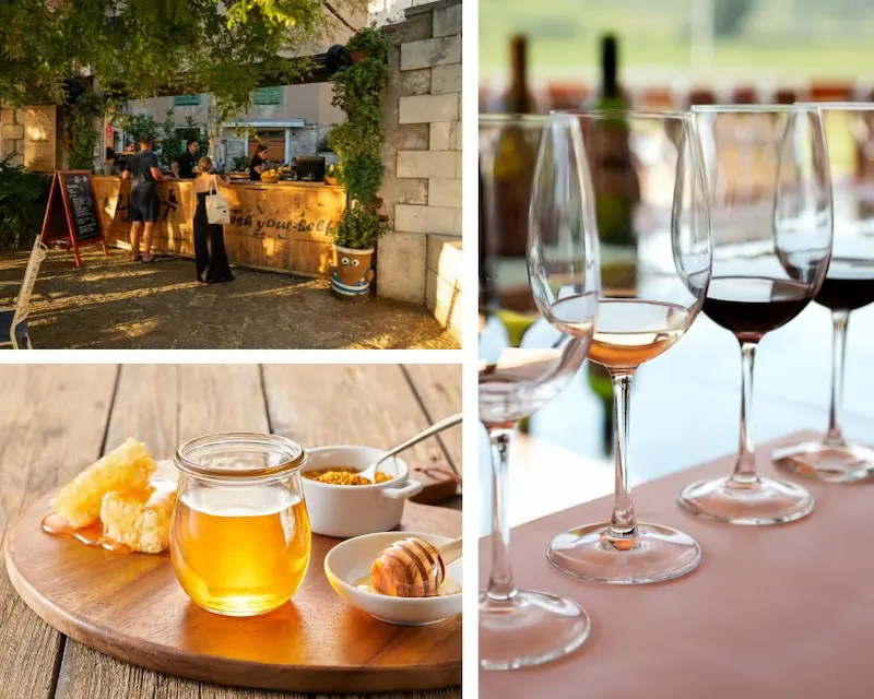Tasting local wine and mountain honey in Guadalest, with glasses of wine, honey jars, and traditional products from the Costa Blanca countryside