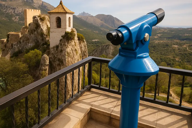 Scenic viewpoint in Guadalest, Spain, featuring a blue telescope overlooking the white tower and rocky cliffs of the Costa Blanca mountains