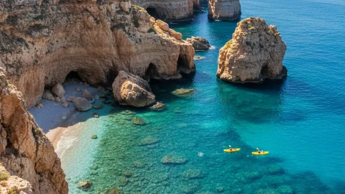 Kayaking near rocky cliffs and hidden coves along the Alicante coast in clear Mediterranean waters